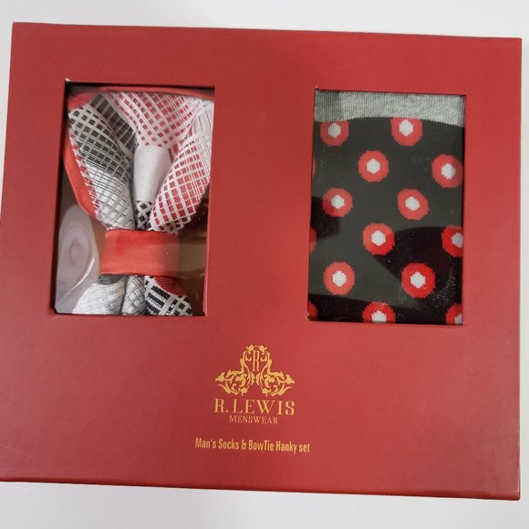 Bow Tie Hanky Socks Box Set by R Lewis RGB004 Red - Picture 6 of 7
